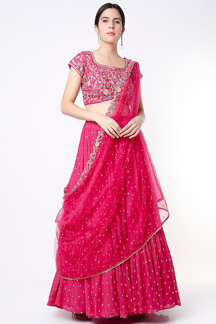 Fuchsia Embroidered Flared Lehenga Set by Chamee and Palak
