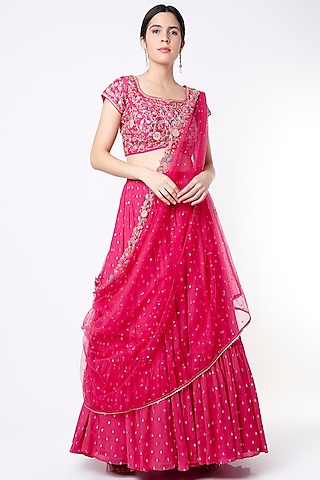 Fuchsia Embroidered Flared Lehenga Set by Chamee and Palak