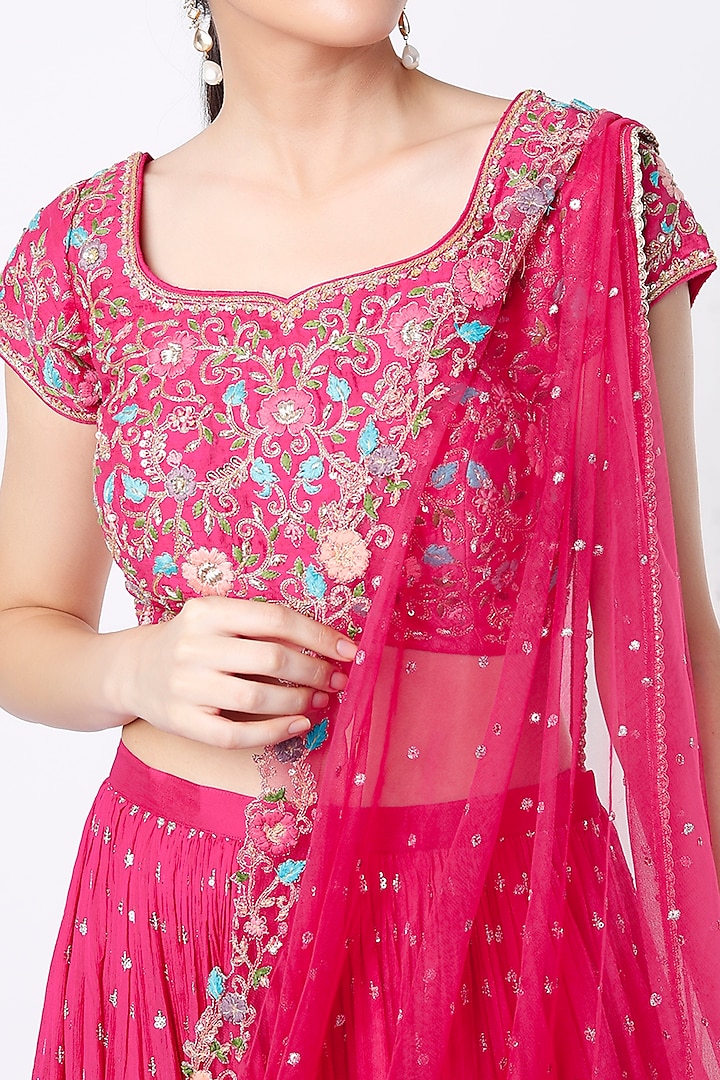 Fuchsia Embroidered Flared Wedding Lehenga Set by Chamee and Palak at Pernia's Pop Up Shop