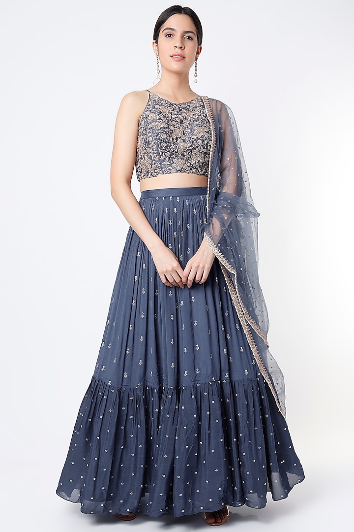 Flat Blue Raw Silk Embroidered Lehenga Set by Chamee and Palak