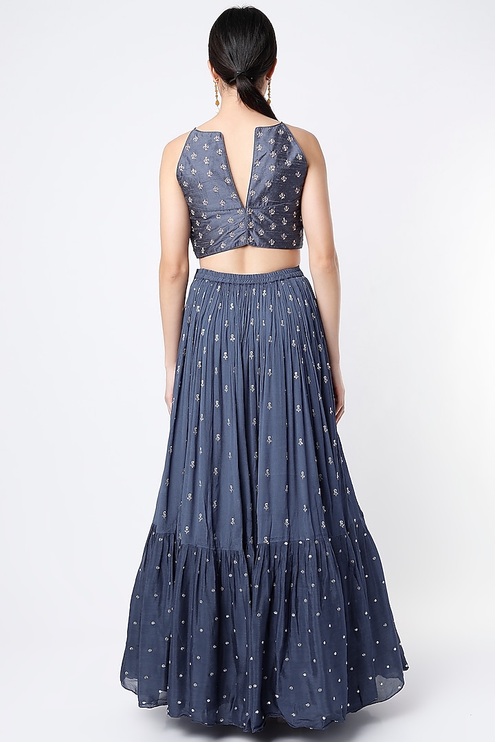 Flat Blue Raw Silk Embroidered Wedding Lehenga Set by Chamee and Palak at Pernia's Pop Up Shop