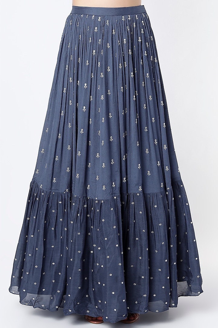 Flat Blue Raw Silk Embroidered Wedding Lehenga Set by Chamee and Palak at Pernia's Pop Up Shop