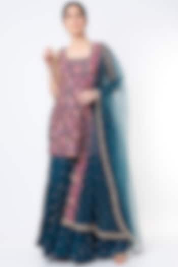 Marine Blue Embroidered Sharara Set by Chamee and Palak
