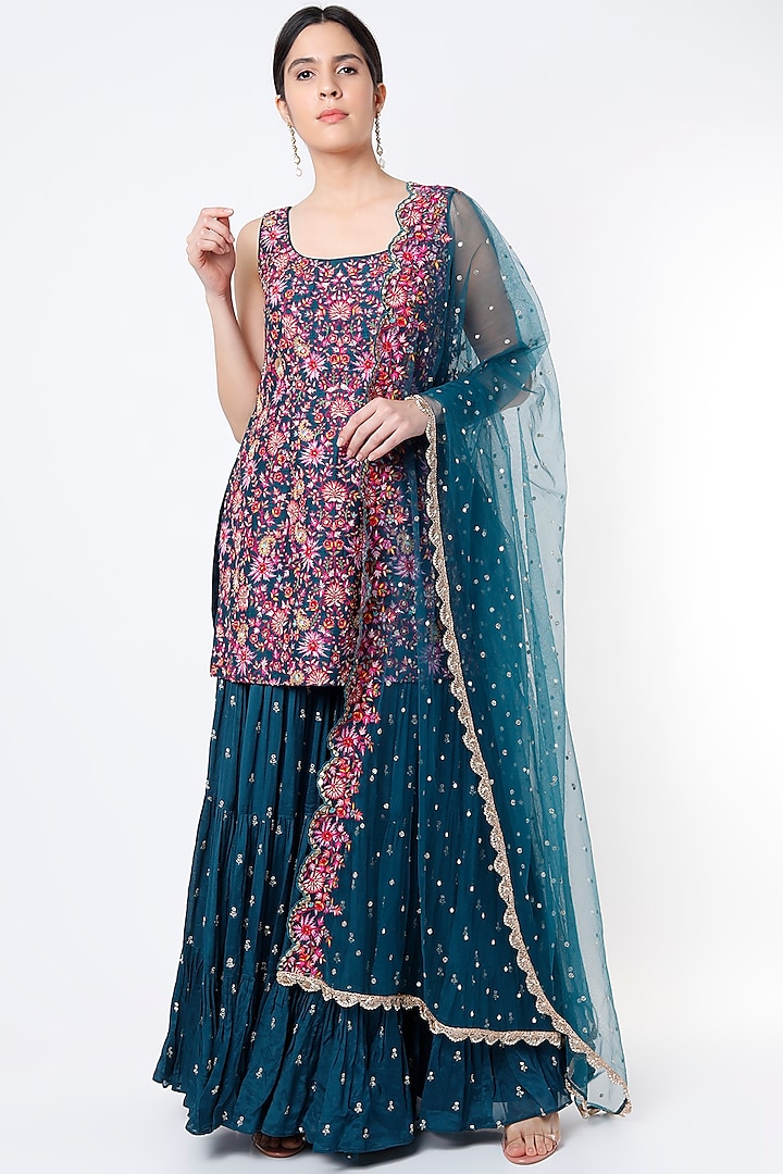 Marine Blue Embroidered Sharara Set by Chamee and Palak