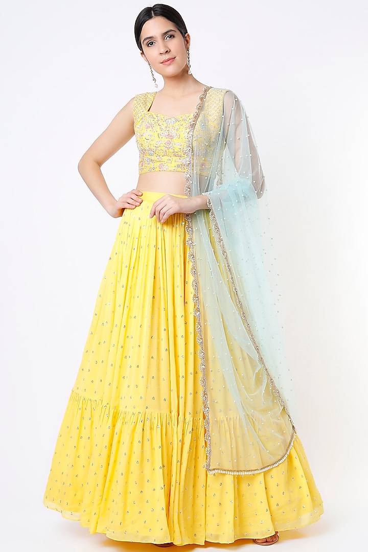 Bright Yellow Georgette & Raw Silk Embroidered Lehenga Set by Chamee and Palak