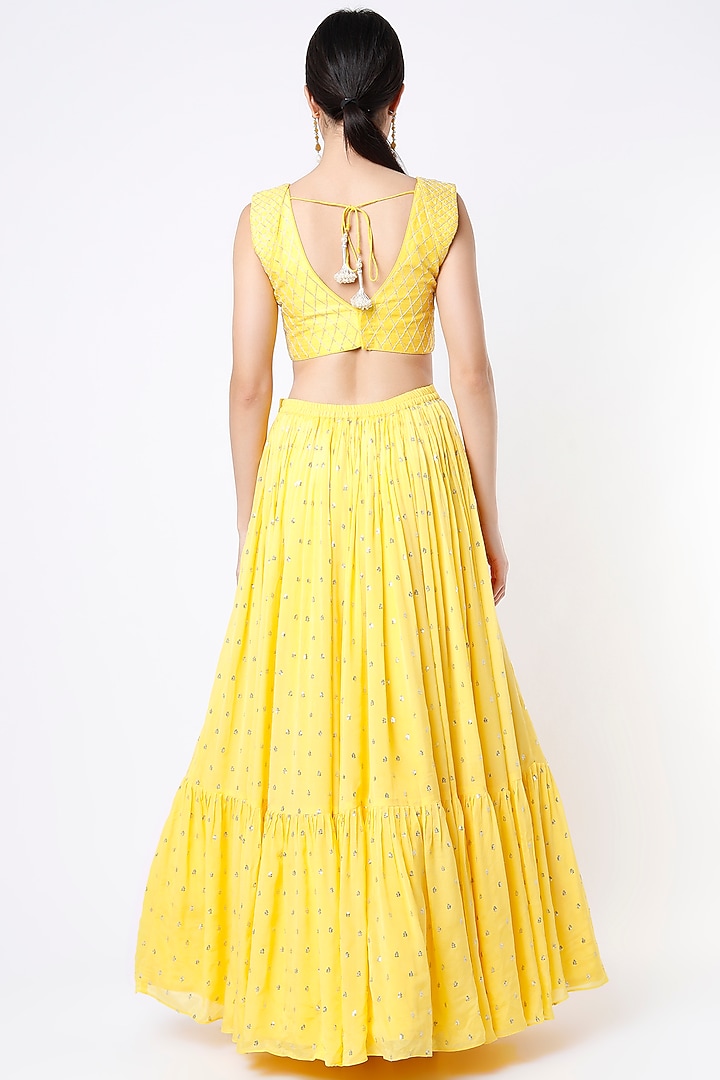 Bright Yellow Georgette & Raw Silk Embroidered Wedding Lehenga Set by Chamee and Palak at Pernia's Pop Up Shop