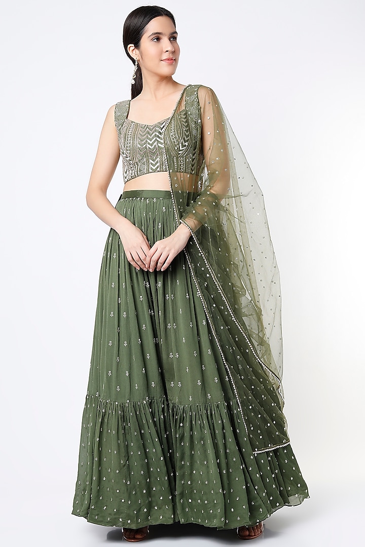 Kale Green Georgette & Raw Silk Embroidered Lehenga Set by Chamee and Palak