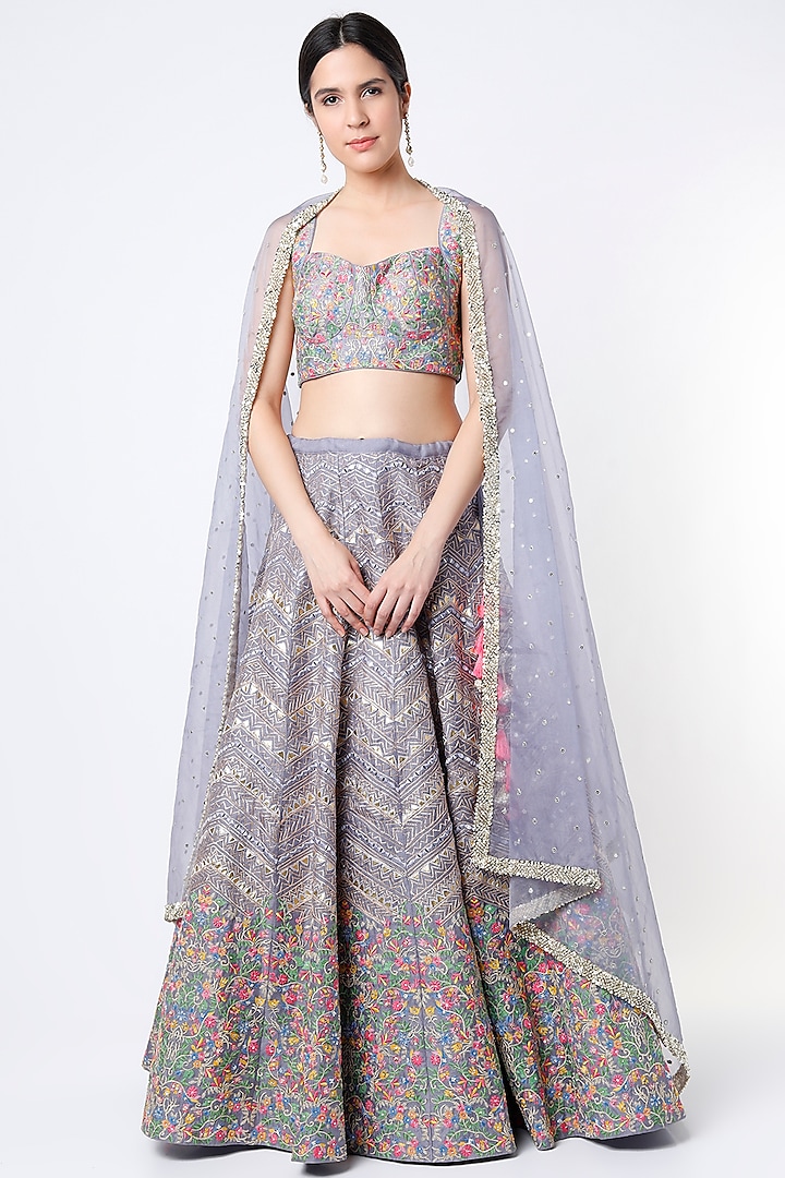 Grey Organza & Raw Silk Embroidered Lehenga Set by Chamee and Palak