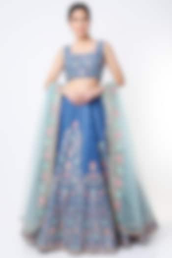 Aster Blue Dupion Silk Embroidered Lehenga Set by Chamee and Palak