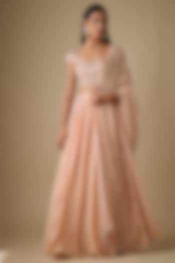Peach Georgette Sequins Work Wedding Lehenga Set by Chamee and Palak at Pernia's Pop Up Shop