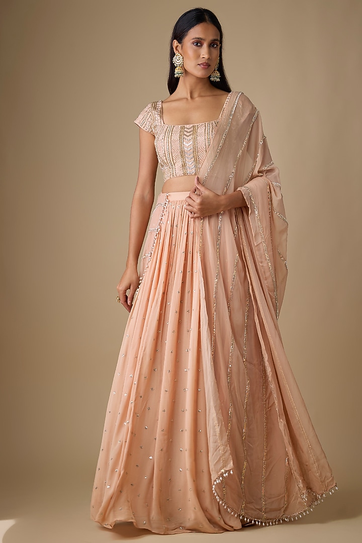 Peach Georgette Sequins Work Wedding Lehenga Set by Chamee and Palak at Pernia's Pop Up Shop