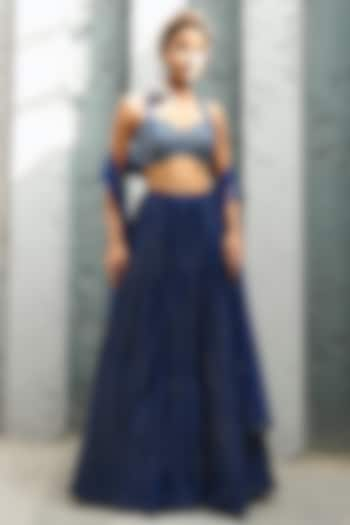 Deep Blue Georgette Glass Bead Embellished Wedding Lehenga Set by Chamee and Palak at Pernia's Pop Up Shop