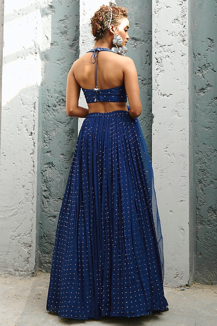 Deep Blue Georgette Glass Bead Embellished Wedding Lehenga Set by Chamee and Palak at Pernia's Pop Up Shop