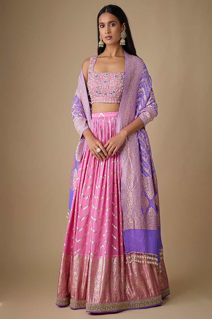 Pink Georgette Chevron Ruched Wedding Lehenga Set by Chamee and Palak at Pernia's Pop Up Shop