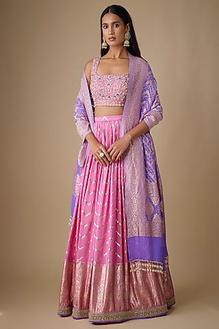 Pink Georgette Chevron Ruched Lehenga Set by Chamee and Palak