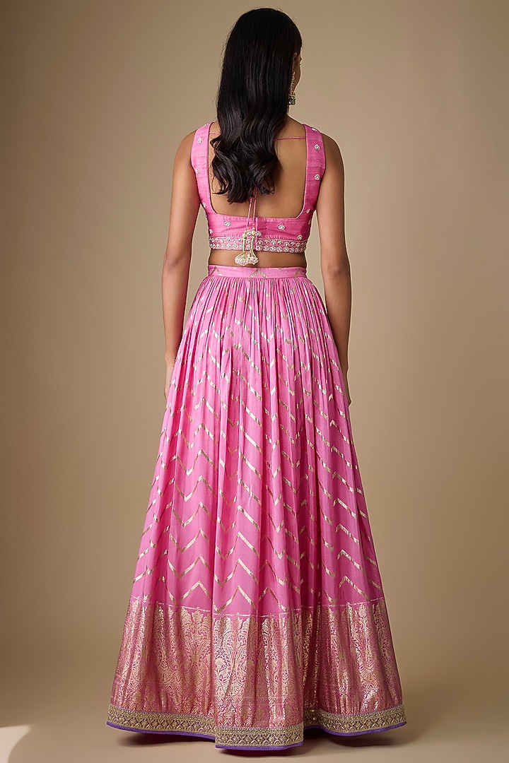 Pink Georgette Chevron Ruched Wedding Lehenga Set by Chamee and Palak at Pernia's Pop Up Shop