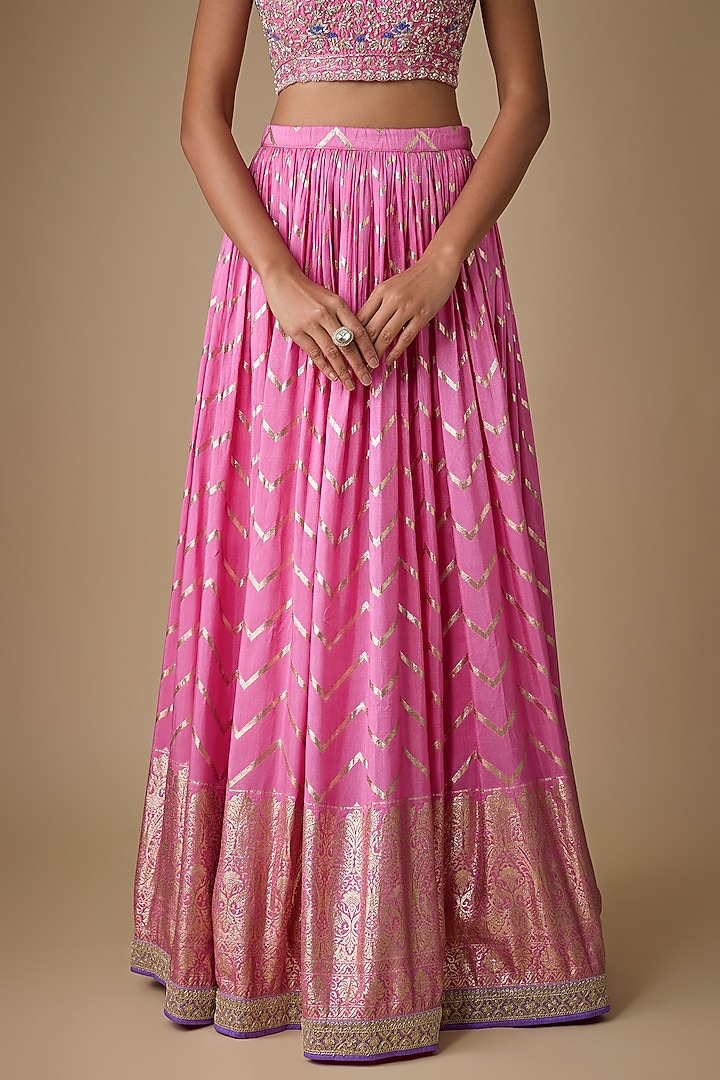 Pink Georgette Chevron Ruched Wedding Lehenga Set by Chamee and Palak at Pernia's Pop Up Shop