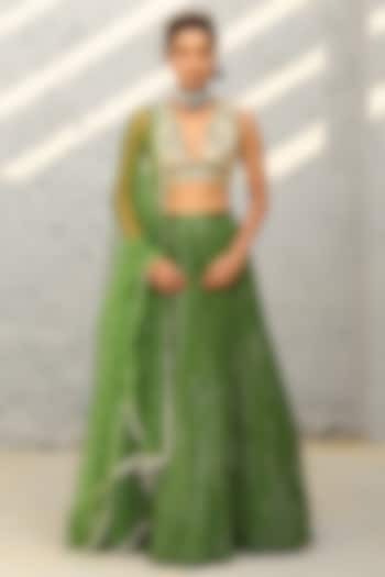 Basil Green Georgette Glass Bead Embellished Skirt Set by Chamee and Palak at Pernia's Pop Up Shop