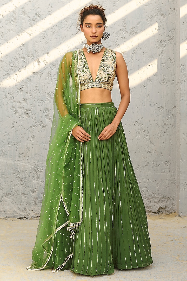 Basil Green Georgette Glass Bead Embellished Skirt Set by Chamee and Palak at Pernia's Pop Up Shop