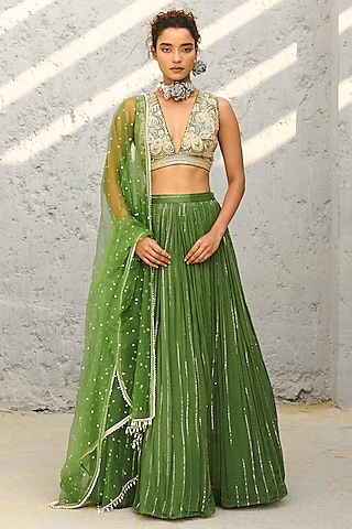 Basil Green Georgette Glass Bead Embellished Skirt Set by Chamee and Palak