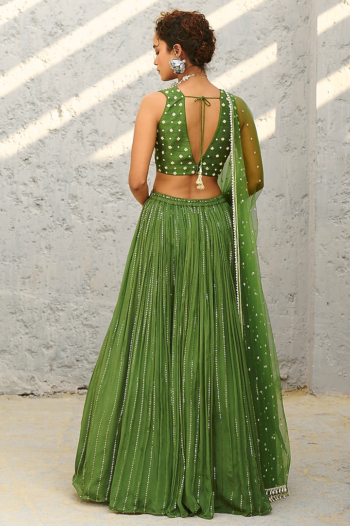 Basil Green Georgette Glass Bead Embellished Skirt Set by Chamee and Palak at Pernia's Pop Up Shop