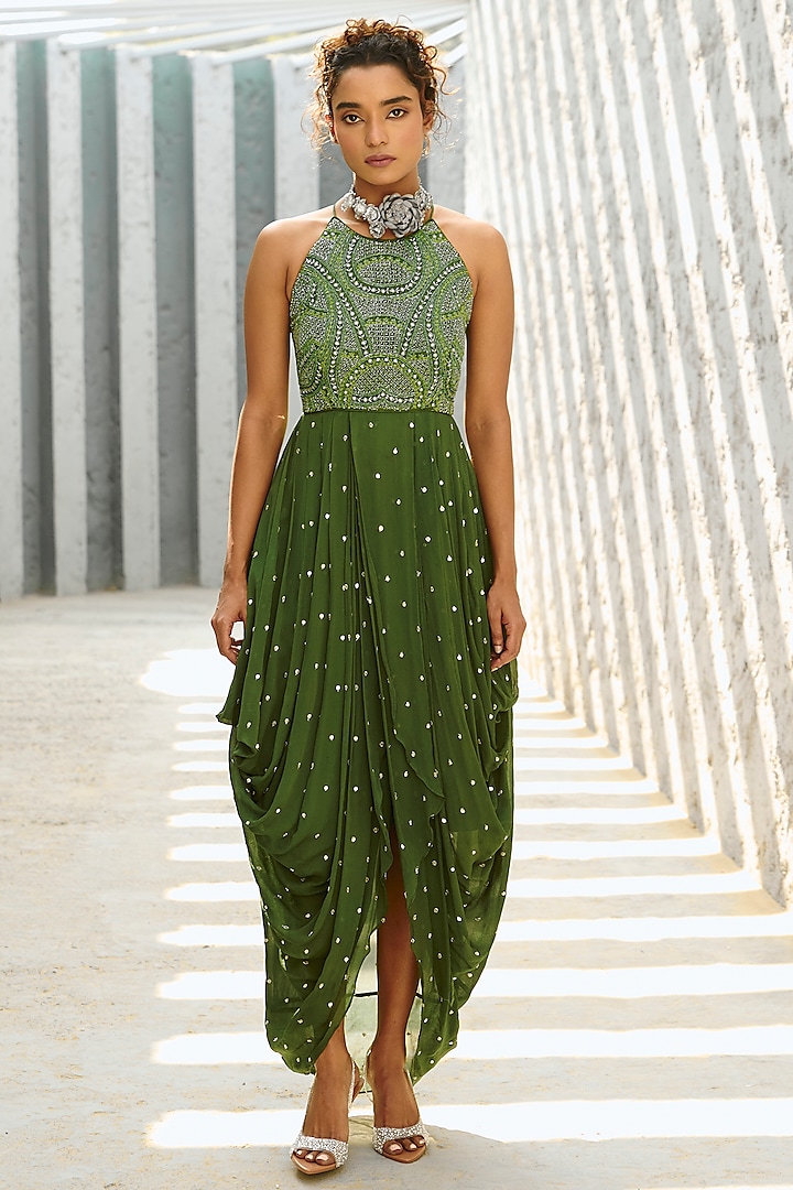 Basil Green Georgette Glass Bead Embellished Cowl Dress by Chamee and Palak at Pernia's Pop Up Shop