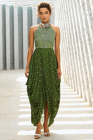 green cowl dress Elegant Cowl Neckline Midi Dress for any Occasion – Shop Daisy Lane main image 0