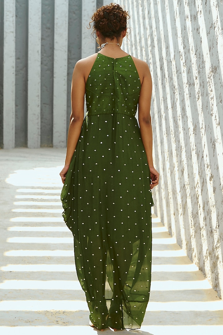 Basil Green Georgette Glass Bead Embellished Cowl Cocktail Dress by Chamee and Palak at Pernia's Pop Up Shop