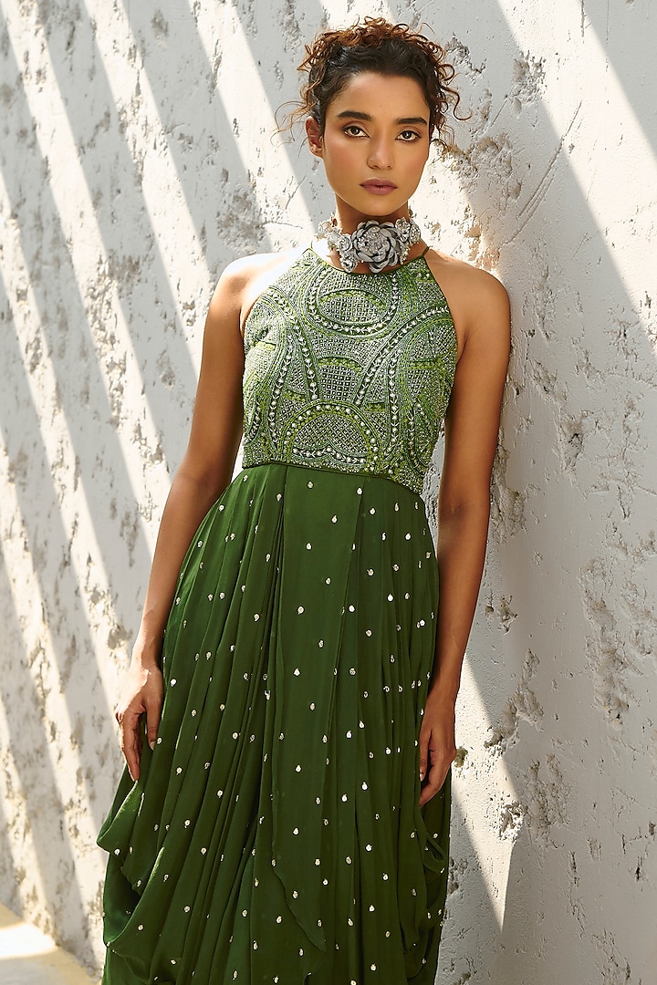 Basil Green Georgette Glass Bead Embellished Cowl Cocktail Dress by Chamee and Palak at Pernia's Pop Up Shop