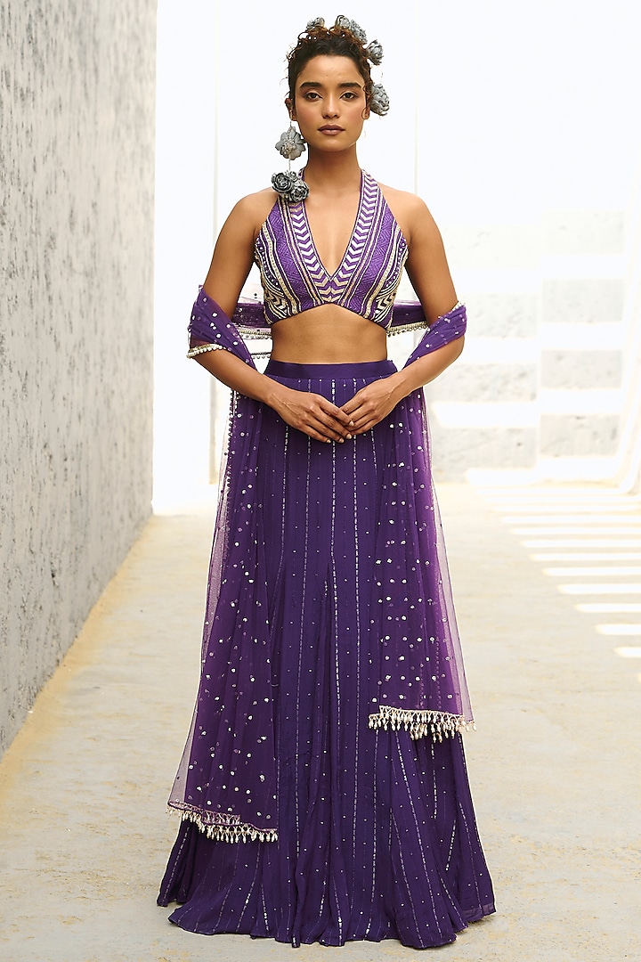 Purple Georgette & Raw Silk Sequins Embroidered Gusset Skirt Set by Chamee and Palak at Pernia's Pop Up Shop