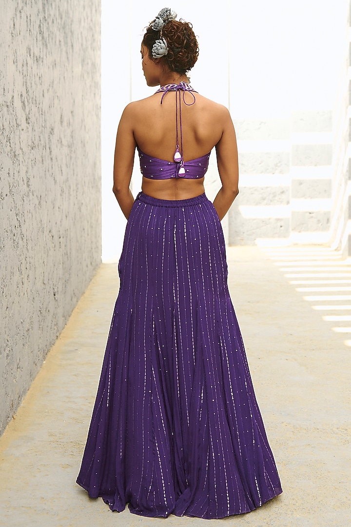 Purple Georgette & Raw Silk Sequins Embroidered Gusset Skirt Set by Chamee and Palak at Pernia's Pop Up Shop