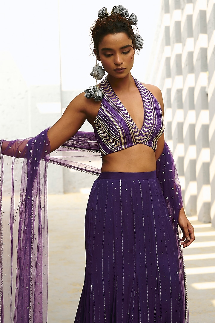 Purple Georgette & Raw Silk Sequins Embroidered Gusset Skirt Set by Chamee and Palak at Pernia's Pop Up Shop
