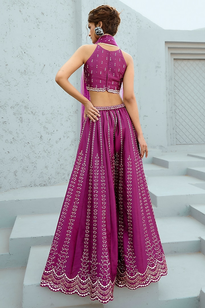 Magenta Dupion Silk Mirror Embellishment Palazzo Pant Set by Chamee and Palak at Pernia's Pop Up Shop