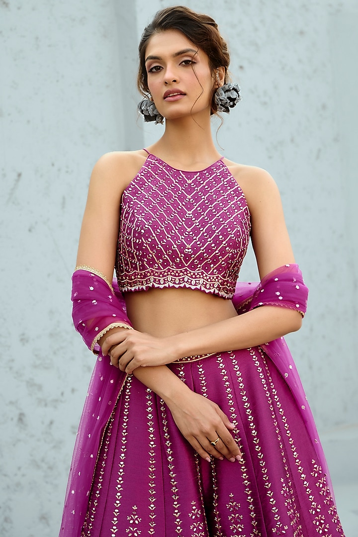 Magenta Dupion Silk Mirror Embellishment Palazzo Pant Set by Chamee and Palak at Pernia's Pop Up Shop