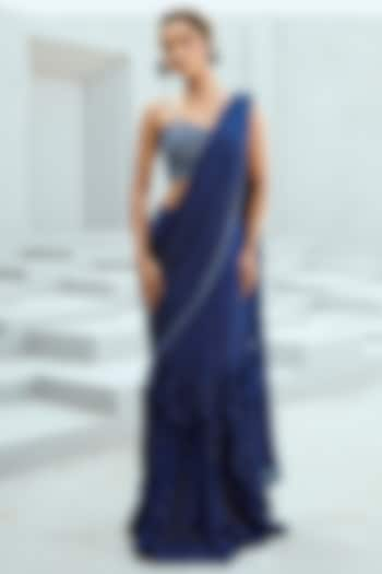 Deep Blue Georgette Glass Bead Embellished Pre-Stitched Saree Set by Chamee and Palak at Pernia's Pop Up Shop