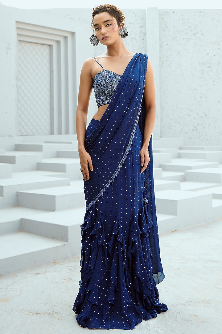 Deep Blue Georgette Glass Bead Embellished Pre-Stitched Saree Set by Chamee and Palak at Pernia's Pop Up Shop