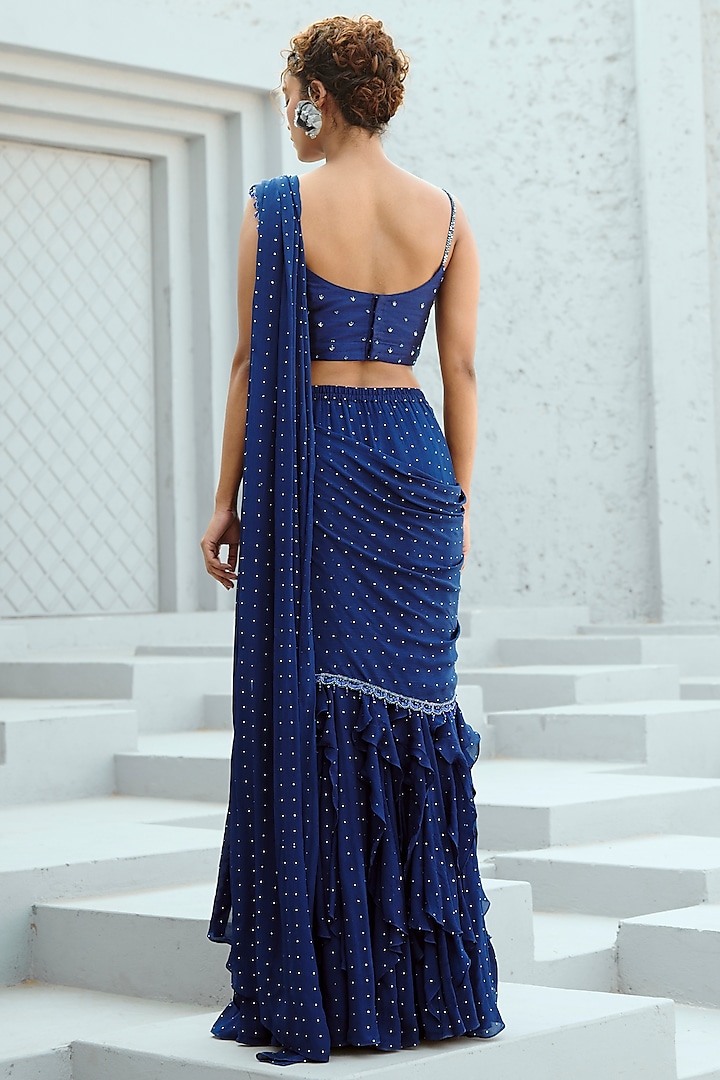 Deep Blue Georgette Glass Bead Embellished Pre-Stitched Wedding Saree Set by Chamee and Palak at Pernia's Pop Up Shop