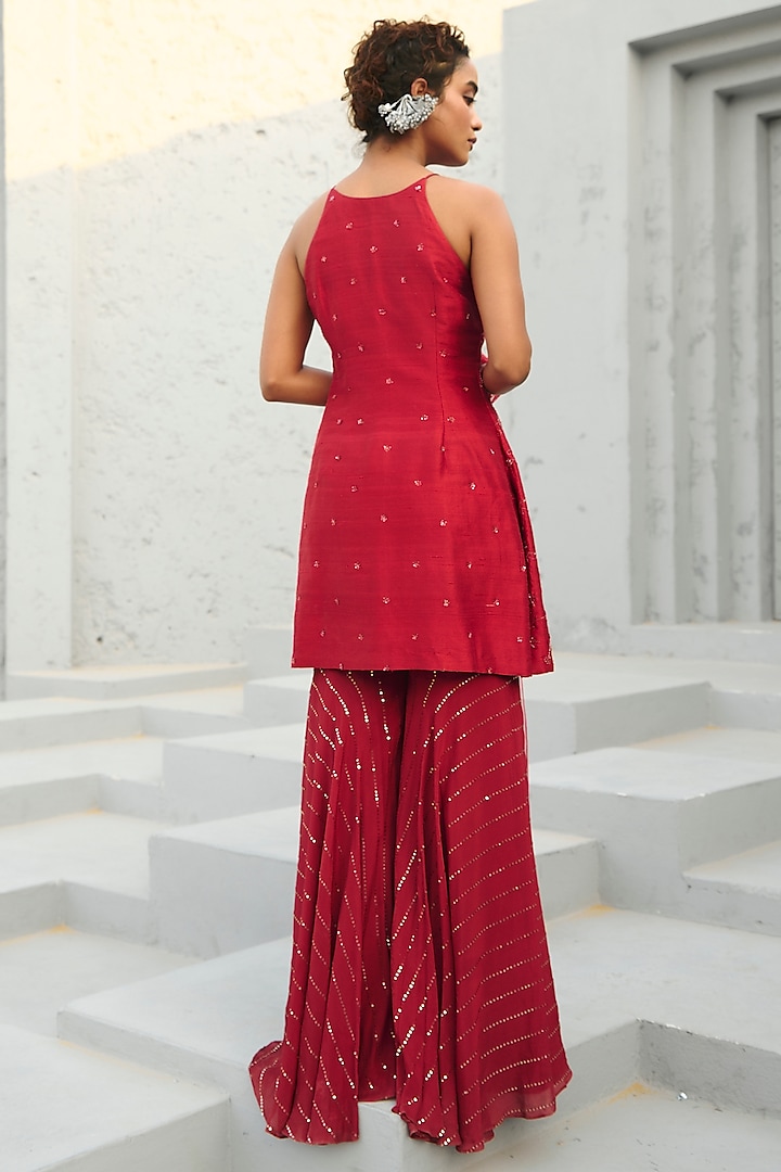 Deep Red Georgette Sequins Embroidered Wedding Sharara Set by Chamee and Palak at Pernia's Pop Up Shop