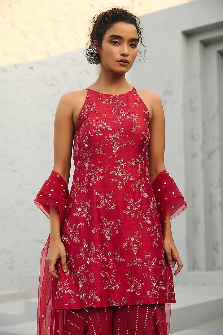Deep Red Georgette Sequins Embroidered Wedding Sharara Set by Chamee and Palak at Pernia's Pop Up Shop