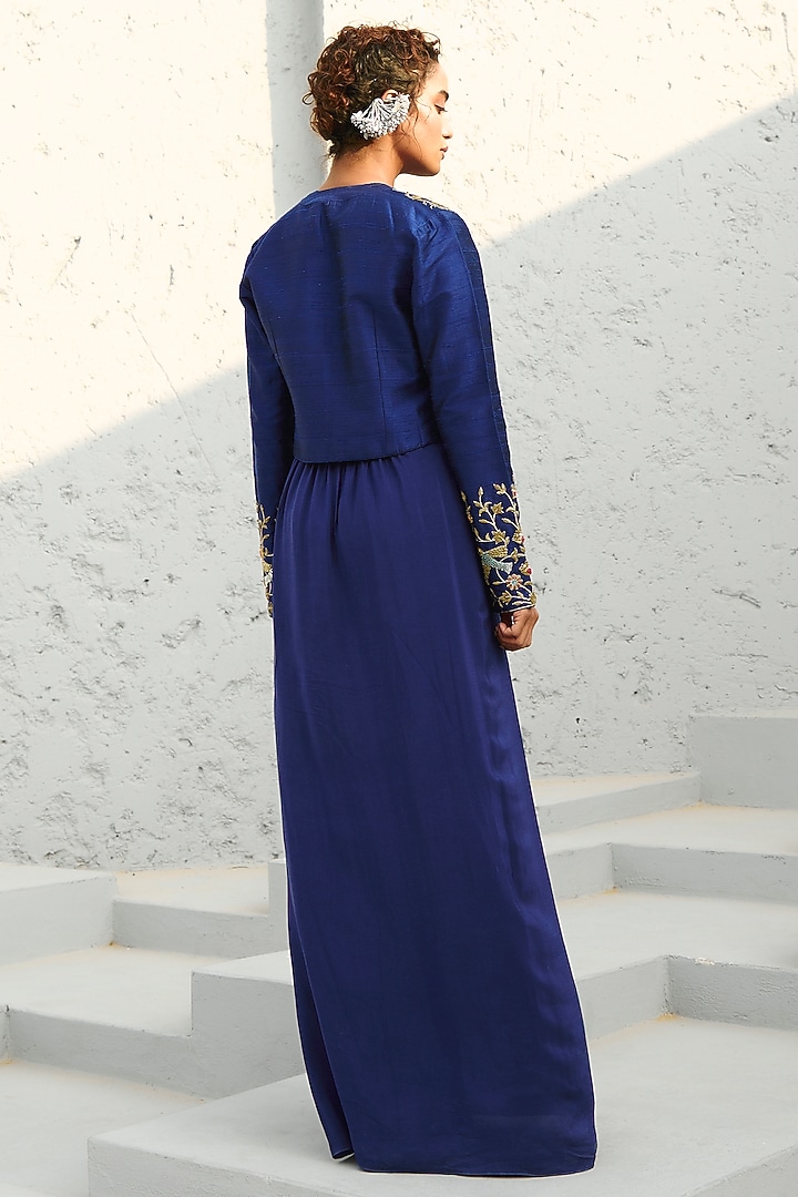 Deep Blue Crepe Draped Skirt Set by Chamee and Palak at Pernia's Pop Up Shop