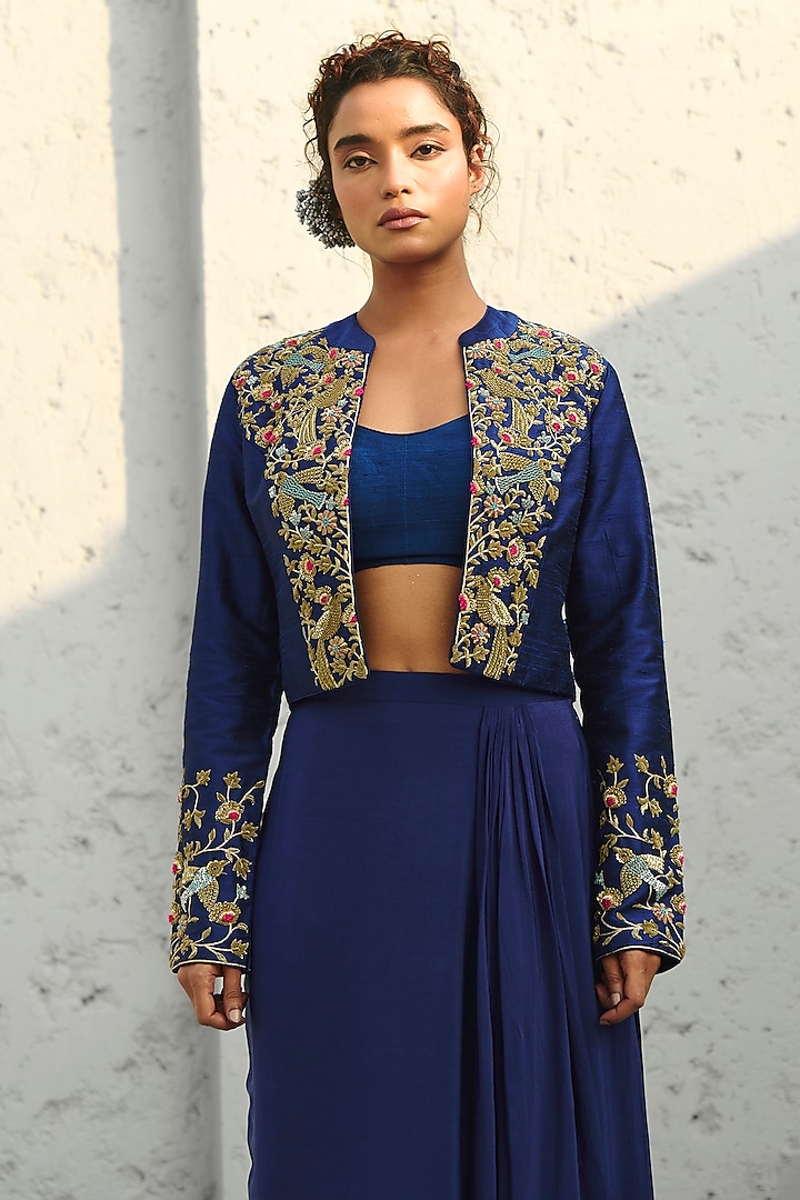 Deep Blue Crepe Draped Skirt Set by Chamee and Palak at Pernia's Pop Up Shop