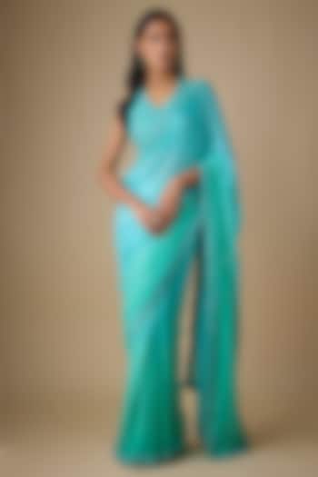 Blue Georgette & Silk Sequins Embellished Wedding Saree Set by Chamee and Palak at Pernia's Pop Up Shop
