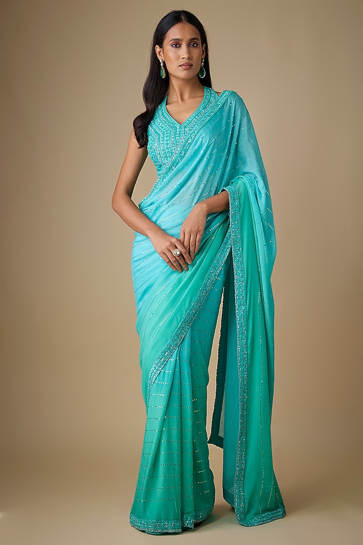Blue Georgette & Silk Sequins Embellished Wedding Saree Set by Chamee and Palak at Pernia's Pop Up Shop