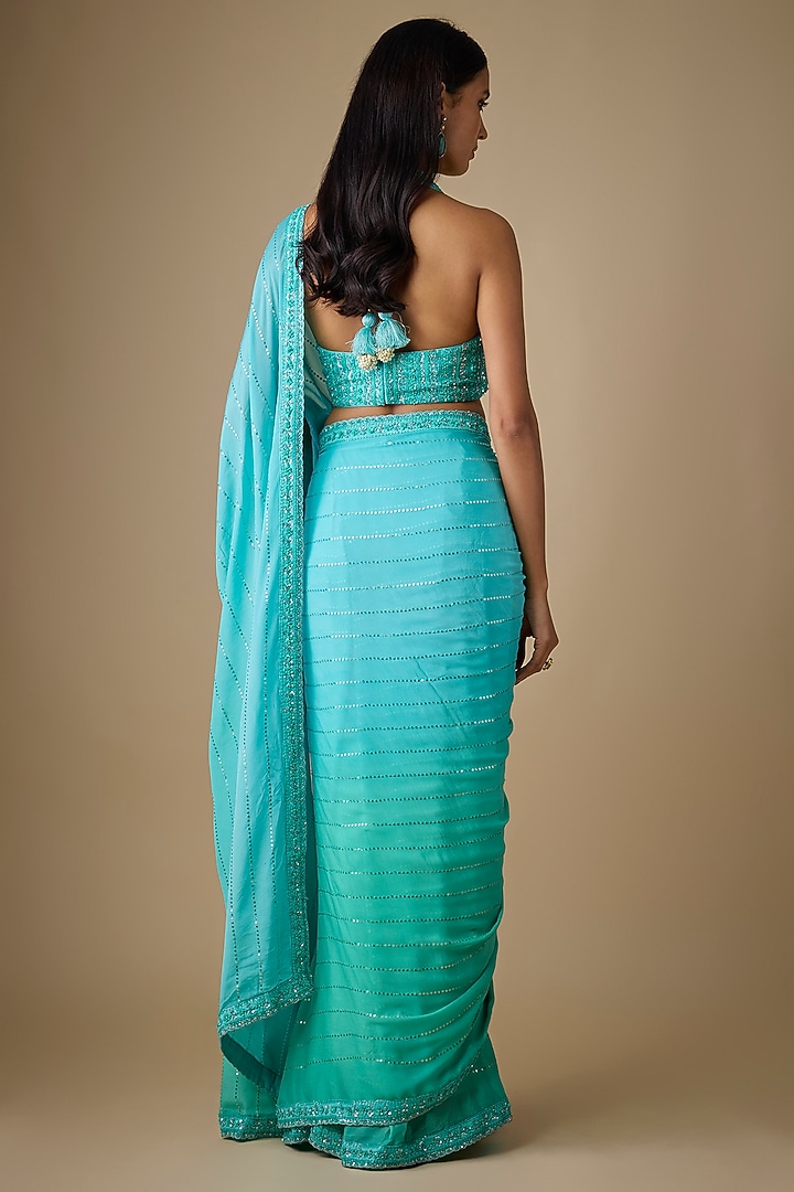 Blue Georgette & Silk Sequins Embellished Wedding Saree Set by Chamee and Palak at Pernia's Pop Up Shop