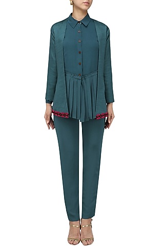 Teal Blue Power Suit Set by Chandni Sahi