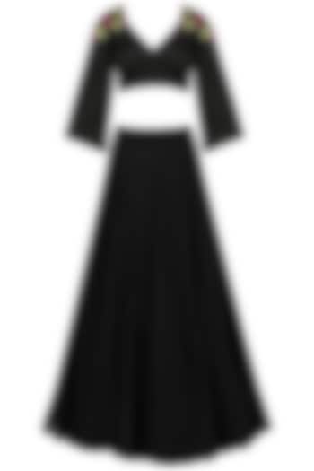 Black Crop Top and Skirt Set by Chandni Sahi