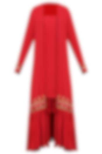 Red Pleated Dress with Gathered Jacket by Chandni Sahi