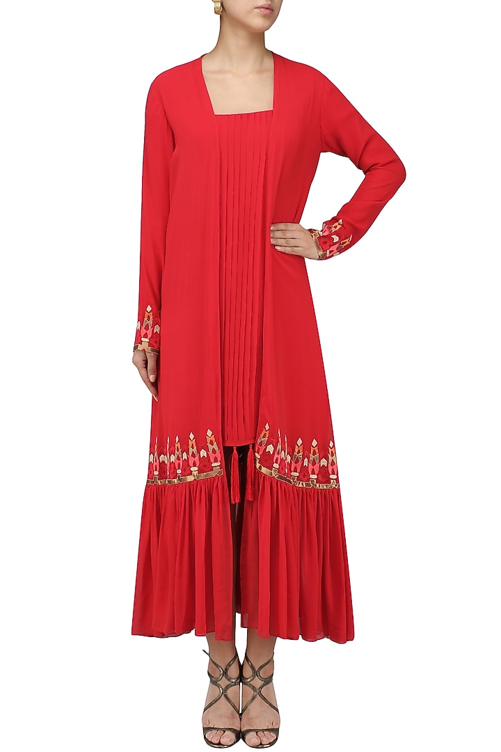 Red pleated dress with gathered jacket available only at Pernia's Pop Up Shop.