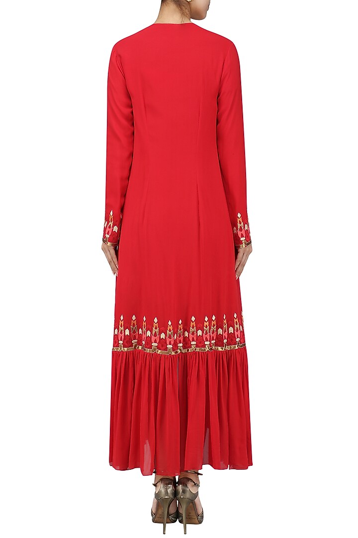 Red pleated dress with gathered jacket available only at Pernia's Pop Up Shop.