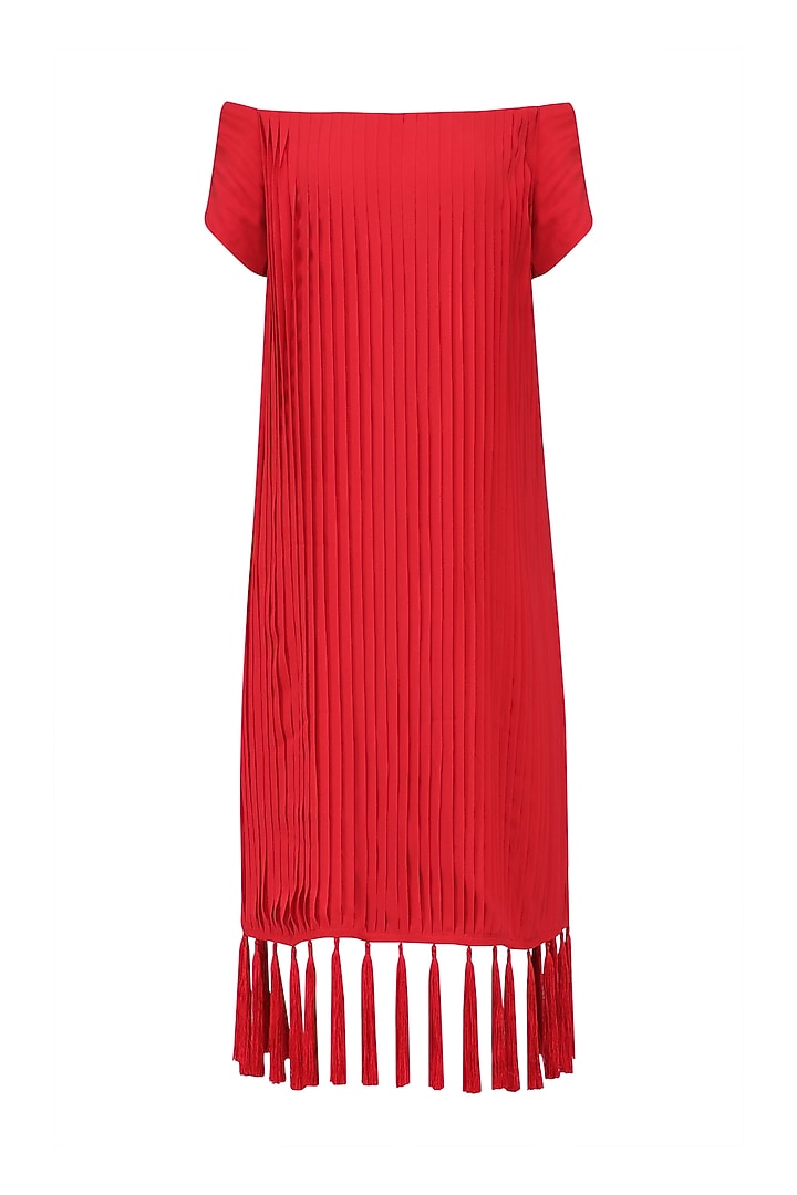 Red pleated dress with gathered jacket available only at Pernia's Pop Up Shop.